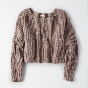 American Eagle Brown Cropped Knit Ribbed Pullover Sweater